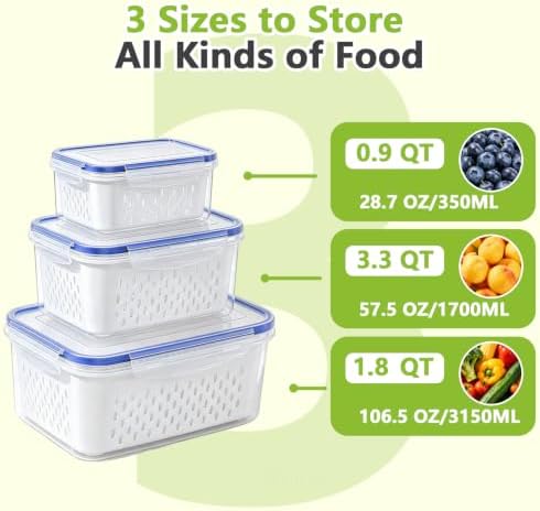 3 Pack Fruit Storage Containers for Fridge with Removable Colander - Image 3