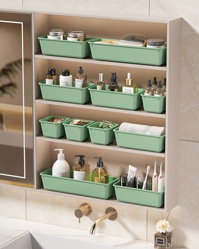 KEMETHY 25 PCS Plastic Drawer Organizers Set, 4 Sizes Vanity Organizer, Makeup and Desk Drawer Organizer Trays, Organization and Storage for Makeup, Bathroom, Kitchen Utensils and Office (Green) - Image 7
