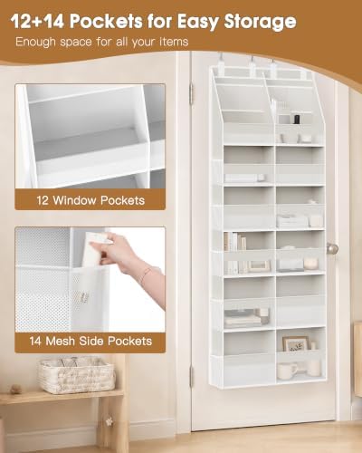 Criusia Over the Door Organizer, Extra Large 12 Compartments Closet Hanging Storage with 14 Mesh Pockets, 85lbs Capacity Behind the Door Storage for Baby Nursery, Bathroom, Bedroom, and Dorm, White - Image 5