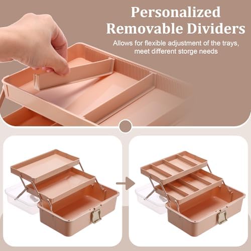 BTSKY 3-Layer Foldable Craft Organizer, Portable Tackle Box with Handle & Adjustable Dividers, Multi-Purpose Toolbox for Art Supplies, Sewing, Medicine, 12.2x6.7x5.7 Inch, Blush Pink - Image 5