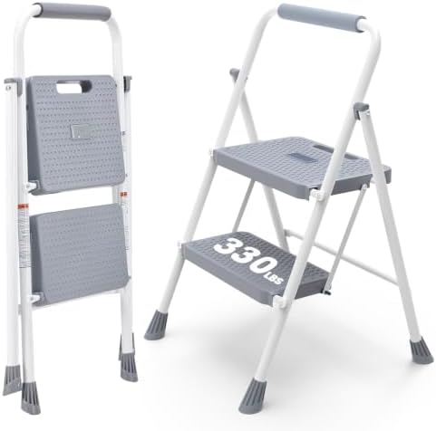 DUMOS 2 Step Ladder, Sturdy Step Stool with Anti-Slip Pedal & Comfortable Handrail, Portable Heavy Duty Stool for Kitchen, Garage & Outdoor, 330lbs, Grey by DumosLifestyle