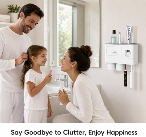 Toothbrush Holders Bathroom Accessories with Toothpaste Dispenser, 2 Cups Toothbrush Holder Wall Mounted Bathroom Decor (Grey and White - Image 6
