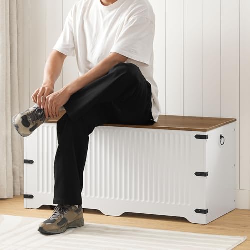 HOOBRO Storage Bench, Toy Box Organizer, Toy Chest with Safety Hinge, Farmhouse Style Storage Chest, 39.3 x 15.7 x 17.7 Inches for Living Room, Bedroom, Entryway, White and Walnut WH26CW01 - Image 6