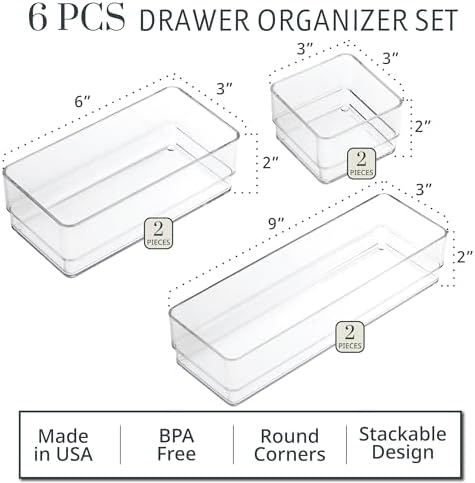 STORi SimpleSort Drawer Organizer Bins 6 pc Set, Multi-size, Bathroom Organizers and Storage, Makeup Organizer, Desk Organizer, Vanity Organizer, Clear Organizing Containers, Made in USA - Image 2