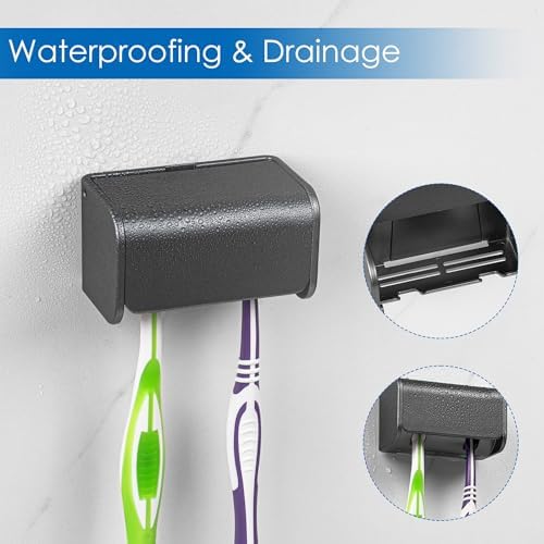 2 PCS Toothbrush Holder Wall Mounted with Cover for Bathroom, 2 Slots Toothbrush Storage Organizer for Shower, Self Adhesive Toothbrush Hanger Rack for Dorm, Cabinet (Brushed Grey) - Image 2