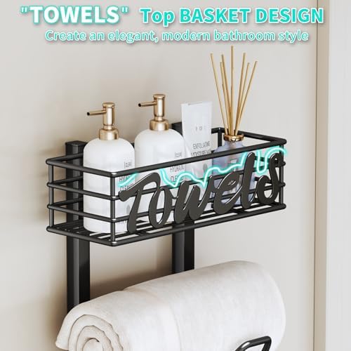 HapiRm Over The Door Towel Rack - 8 Tier Wall Mount Rolled Towel Holder Storage Organizer Shelf with Storage Basket for Small Bathroom, Rv, Camper - Black - Image 4