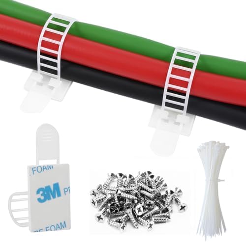50Pcs Adhesive Cable Management Clips with 50Pcs Zip Ties, Adjustable Nylon Cable Strap Ties Wire Clips Clamps Organizer, Extra Screw & Hole - 3.35 Inch White by VAMRONE