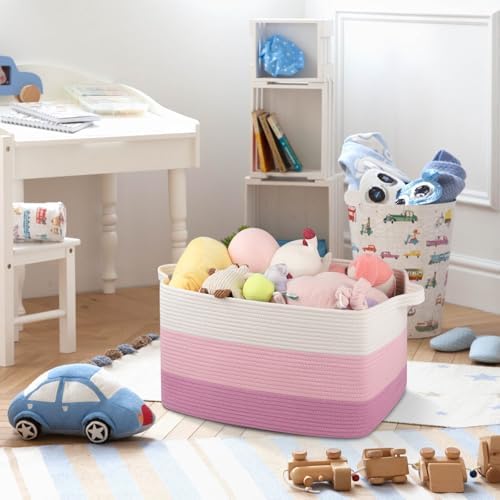 OIAHOMY Large Blanket Basket, 65L Cotton Rope Woven Laundry Basket, Toy Bin for Baby Room, Container for Blanket Storage in Living Room, 20''×16''×12'', Gradient Pink - Image 4