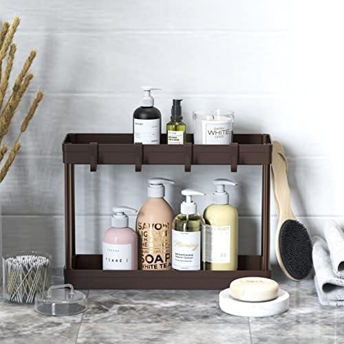 Simple Houseware 2-Tier Under Sink Organizer Storage Tray with Hooks, Brown - Image 3