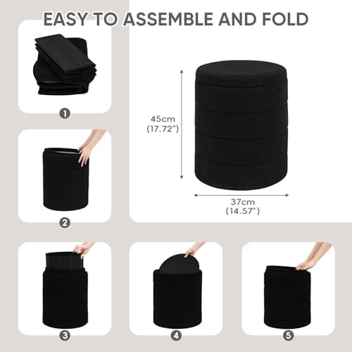 PINPLUS Compact Round Folding Storage Ottoman, Black Boucle Footstool - Image 2