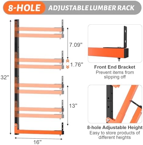 32" Lumber Storage Rack, Upgrade Folding Lumber Rack Wall Mount, Heavy Duty Adjustable Metal 8 Level Wood Storage Rack for Garage Storage Organization, 4 Packs - Image 4