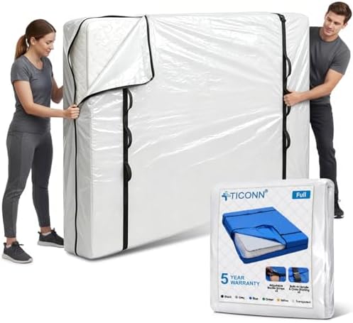 TICONN Mattress Bags for Moving, Heavy Duty Full Mattress Cover Storage Bag with Full-Around Handle and Adjustable Buckles (Clear, Full) (Pack of 8) by TICONN