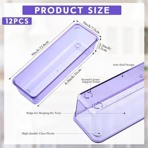 Maitys 12 Pcs Plastic Drawer Organizers, Storage Tray, 9 x 3 x 2", Purple - Image 2