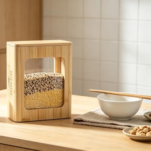 Bamboo Kitchen Cereal Containers Storage Dispenser, Airtight Pantry Organizers with Lid, Kitchen Home Organization for Cereal, Rice, Flour, Snack, Candy Storage with Spoon Sponge Cleaning Brush - Image 7