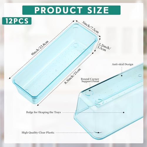 Maitys 12 Pcs Plastic Drawer Organizers, Silverware Tray, 9 x 3 x 2", Blue - Image 2