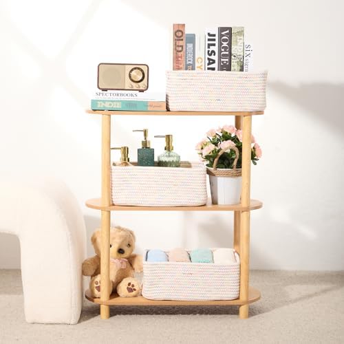 MiniArk Small Storage Baskets for Organizing | Closet Organizer Bins | Shelf Toy Basket | Woven Rope Baskets | Cube Decorative Box | Shallow Basket | 13x8.5x5.1” | 3 Packs Rainbow - Image 6