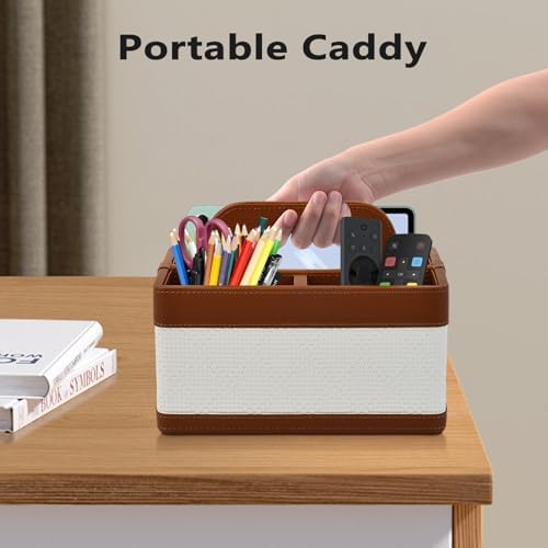 Desk Organizer Caddy with Handle-Portable PU Leather Remote Control Holder-Nightstand Dresser Tote Storage for Sunglasses,Comb,Small iPad,Pen,Heater Controllers,Cosmetics and Office Supplies - Image 2