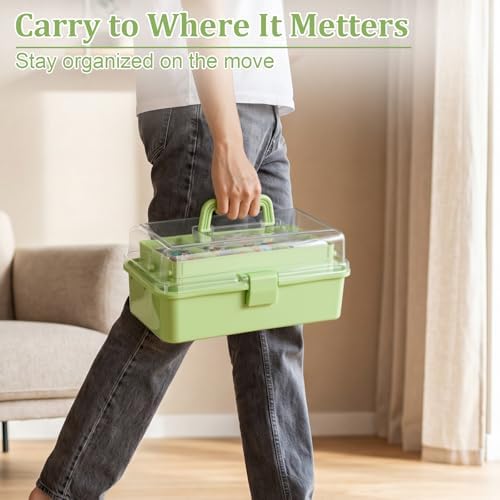 BTSKY 3-Layer Foldable Craft Organizer, Portable Tackle Box with Handle & Adjustable Dividers, Multi-Purpose Toolbox for Art Supplies, Sewing, Medicine, 12.2x6.7x5.7 Inch, Light Green - Image 7