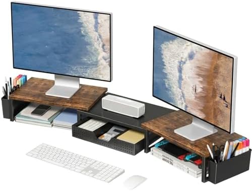 OPNICE Desk Organizers and Accessories, Dual Monitor Stand Riser with Drawer and 2 Pen Holders, Desk Shelf Computer Racks & Printer Stand for Office Workspace Organizers, Desktop Organization (Rustic Brown) by OPNICE
