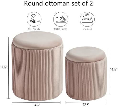BLEXA Set of 2 Round Storage Ottoman, Velvet Pink Ottoman with Storage - Image 3