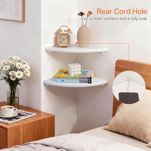 Gieanoo Floating Corner Shelves Set 2 9inch White Solid Oak Rounded Corner Shelves Wall Mounted with Cable Hole Wood Corner Hanging Shelves for Living Room Bedroom Bathroom Kitchen - Image 4