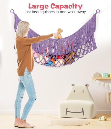 Extra Large Stuffed Animal Net Hammock - [56'' Long/Handwoven Macrame/Lavender] Hammock Storage for Flat Wall, Hardware Included - Image 3