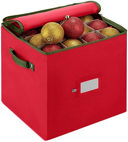 ZOBER Christmas Ornament Storage Box - Stores 64 3" Ornaments, With Dividers - Ornament Organizer Storage Box, Durable Christmas Containers Holder, Dual Zipper - Red by ZOBER