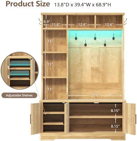 CSZZD Fluted Hall Tree with Bench and Shoe Storage and LED Lights - Image 3