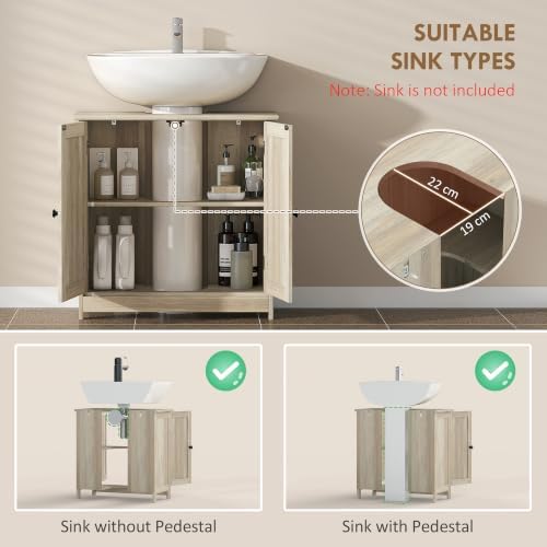 HOMCOM Under Sink Bathroom Cabinet with 2 Doors, Shelf, U-Shape, Oak - Image 4