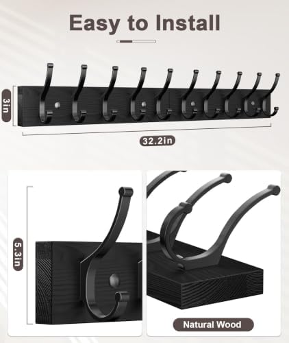 Optish 1 Pack Wooden Black Coat Rack Wall Mount, 16.1" Rustic Coat Hanger Hooks with 10 Double Hooks, Wall Coat Rack for Hat, Clothes, Bags, Jacket - Image 2