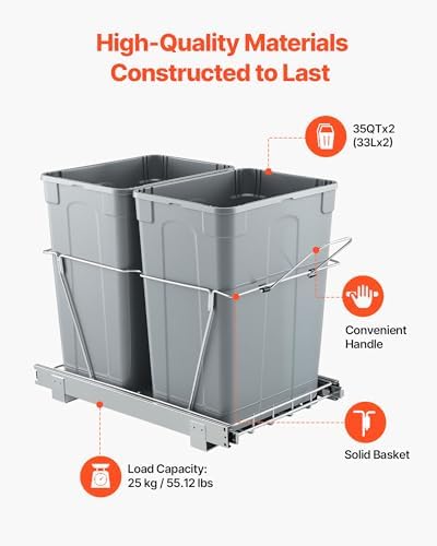 VEVOR Pullout Trash Can for Kitchen Cabinets, 35 QT x2 Double Under Sink Garbage Waste Recycling Bin, Under Mount Waste Container, with Heavy Duty Metal Full Extension Sliding System and Handle Grey - Image 3