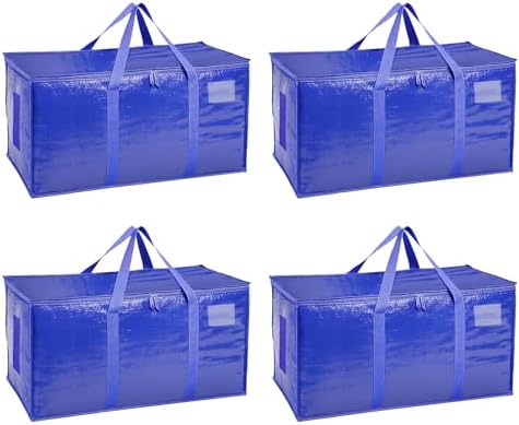 4 Pack-Extra Large Heavy Duty Moving Bags - Waterproof Storage Totes with Handles & Zippers, Foldable for College Dorm, Storage (Blue) by Unknown