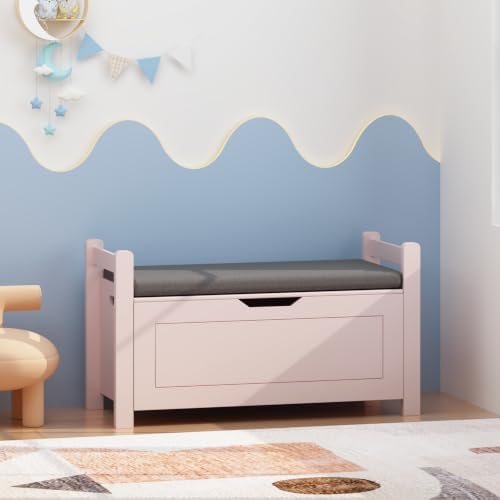 Storage Chest, Storage Bench with Cushion Seat, Toy Chest, Wooden Toy Box with 2 Safety Hinges, Shoe Bench, for Entryway, Living Room, Bedroom, Pink by Unknown