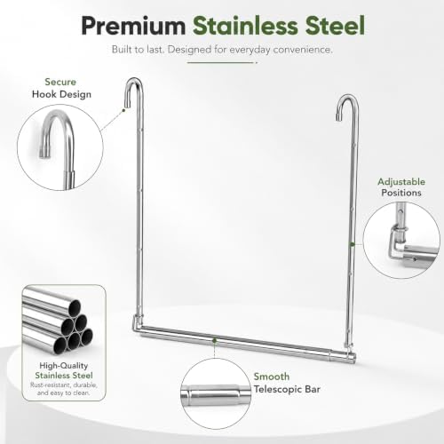 2 Pack Hanging Closet Rod Stainless Steel, Adjustable Width & Height 16–27.5 in Closet Rod Extender with 360° Rotating Hooks, Space-Saving Closet Hanging Organizer for Clothes, Pants, Skirts, Towels - Image 5