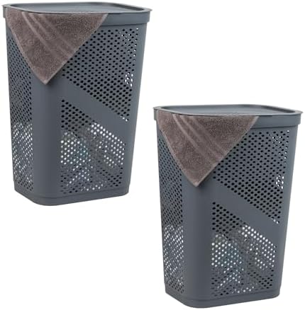 Mind Reader 60L Slim Laundry Hamper, Clothes Basket, Lid, Ventilated, Plastic, Set of 2, Gray by MindReader