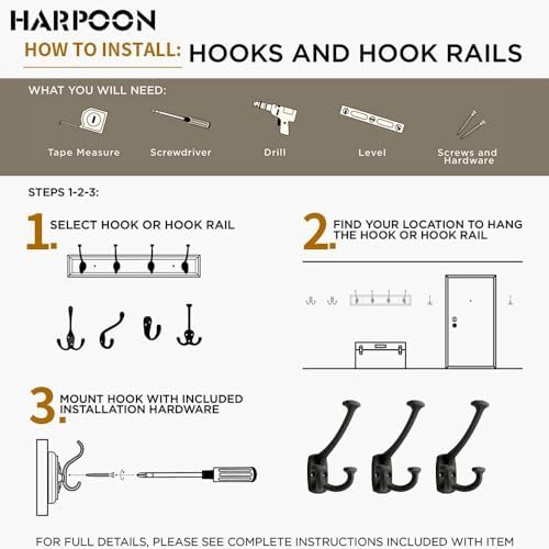 HARPOON 3 Pack Triple Prong Wall Hooks Matte Black Coat Towel Hooks - Image 4