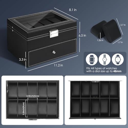 Watch Box for Men, 20 Slot Men's Watch Case with Transparant Glass Lid, Jewelry Box With Drawer, 2-Layer Watch Holder with Lock and Removable Pillows, PU Leather, Fathers Day Gift for Dad - Image 3
