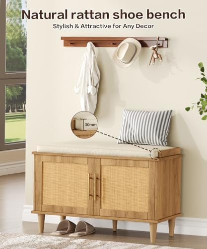 Akxomel 31.5" Rattan Shoe Storage Bench 2 Doors Wooden Entryway Bench Oak - Image 4