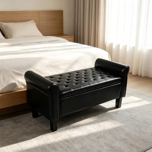 51 Inch Black Faux Leather Storage Ottoman Bench with Rolled Armrests by Zenverhom