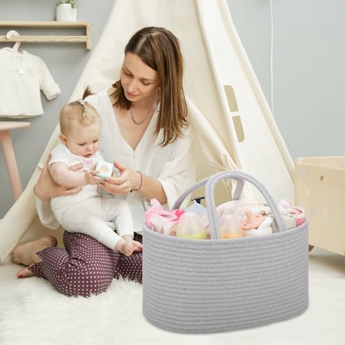 COMSE Large Cotton Rope Baby Diaper Caddy Organizer with Handles, Cool Gray - Image 3