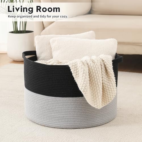 Foldable Laundry Hamper Basket with Collapsible Handle Cotton Rope Soft Woven Fabric Storage Organizer Clothes Toys Nursery Bedroom Dorm Space Saving Bin (Black & Grey, 115L(23.6"D x 15.7"H)) - Image 2