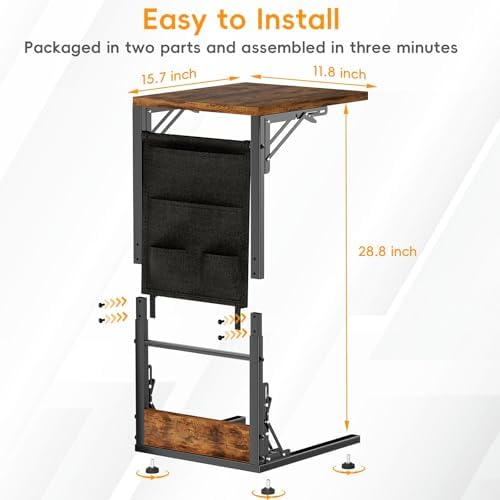 Folding TV Tray Table, Small Folding Side Table with Storage Bag, Portable C Shaped End Stand for Couch Sofa Bed, Rustic Brown - Image 3