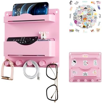 Pink Bedside Shelf Organizer - Wall Mount Phone Holder with Glasses Hook & 50 Motivational Stickers for Girls Bedroom Dorm Decor by JUMEIHUI