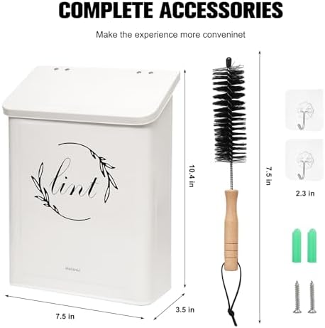 Magnetic Lint Bin for Laundry Room, Metal Lint Trash Can with Lid for Dryer, Wall Mounted Lint Holder Box with Lint Brush, Modern Farmhouse Laundry Room Decor, Cream - Image 2