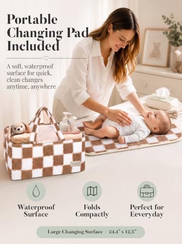 Baby Diaper Caddy Organizer with Waterproof Changing Pad, Checkered Taupe - Image 4