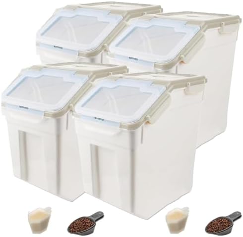 Rice Storage Container 4 Pack 50 lb Flour Storage Container with Wheels, BPA Free Food Storage Container with Measuring Cup Dog Cat Food Bin Set for Dry Food Sugar, Cereal-Grey by YXQ