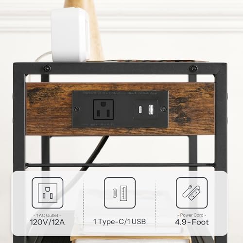 HOOBRO Industrial Printer Stand, 3-Tier Mobile Printer Table, Rolling Cart with Power Outlets and USB Ports, Home Printer Stand with 2 Hooks, for Office, Living Room, Rustic Brown BF22UPS01 - Image 4