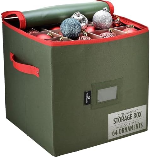 Handy Laundry, Christmas Ornament Storage, Stores up to 64 Holiday Ornament, Adjustable Dividers, Zippered Top, Two Handles Attractive Storage Box Keeps Decorations Clean & Dry for Next Season, Green by Handy+Laundry