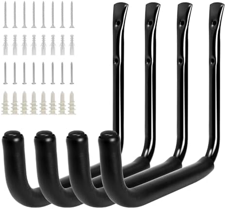 KURUI 10" Garage Organization Wall Hooks, 66 LB Heavy Duty Water Hose Holder for Hanging Ladder Extension Cord Garden Tool Cable, 4 Pcs, Black by KURUI