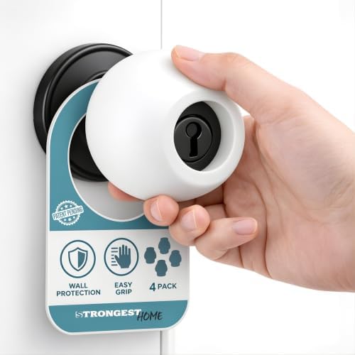 STRONGEST HOME White Silicone Door Knob Cover & Wall Protector – Soft Rubber Handle Grip for Arthritis Support and Quiet Damage Prevention (4 Pack) by STRONGESTHOME